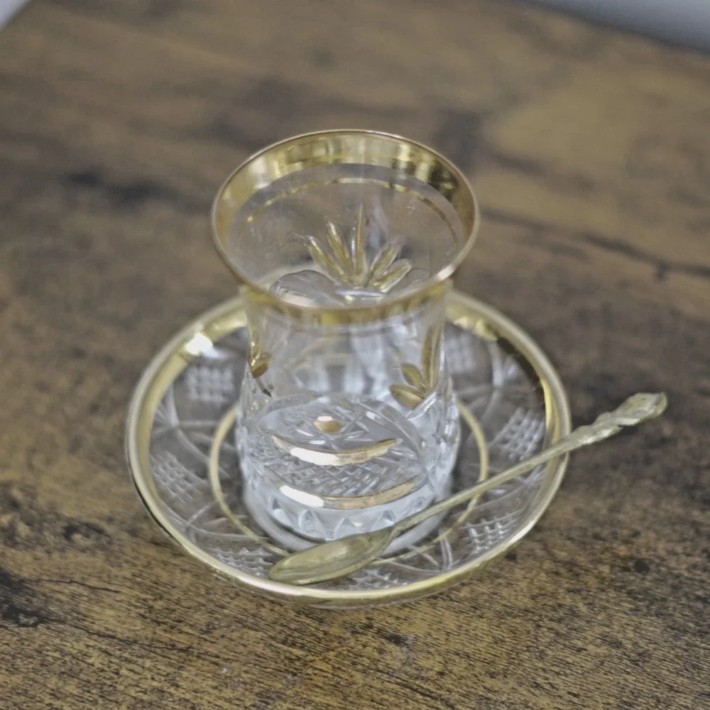 Vintage Turkish Crystal Tea Glass Saucer Spoon Gold Rim Choose Set READ